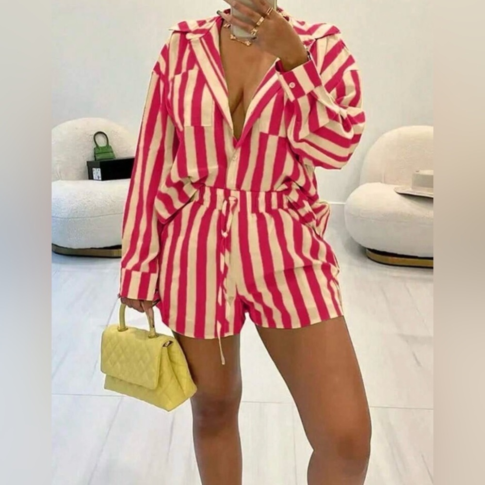 🔥 Bold & Chic Striped Button-Up Shirt & Shorts Set – Size Large! 🔥